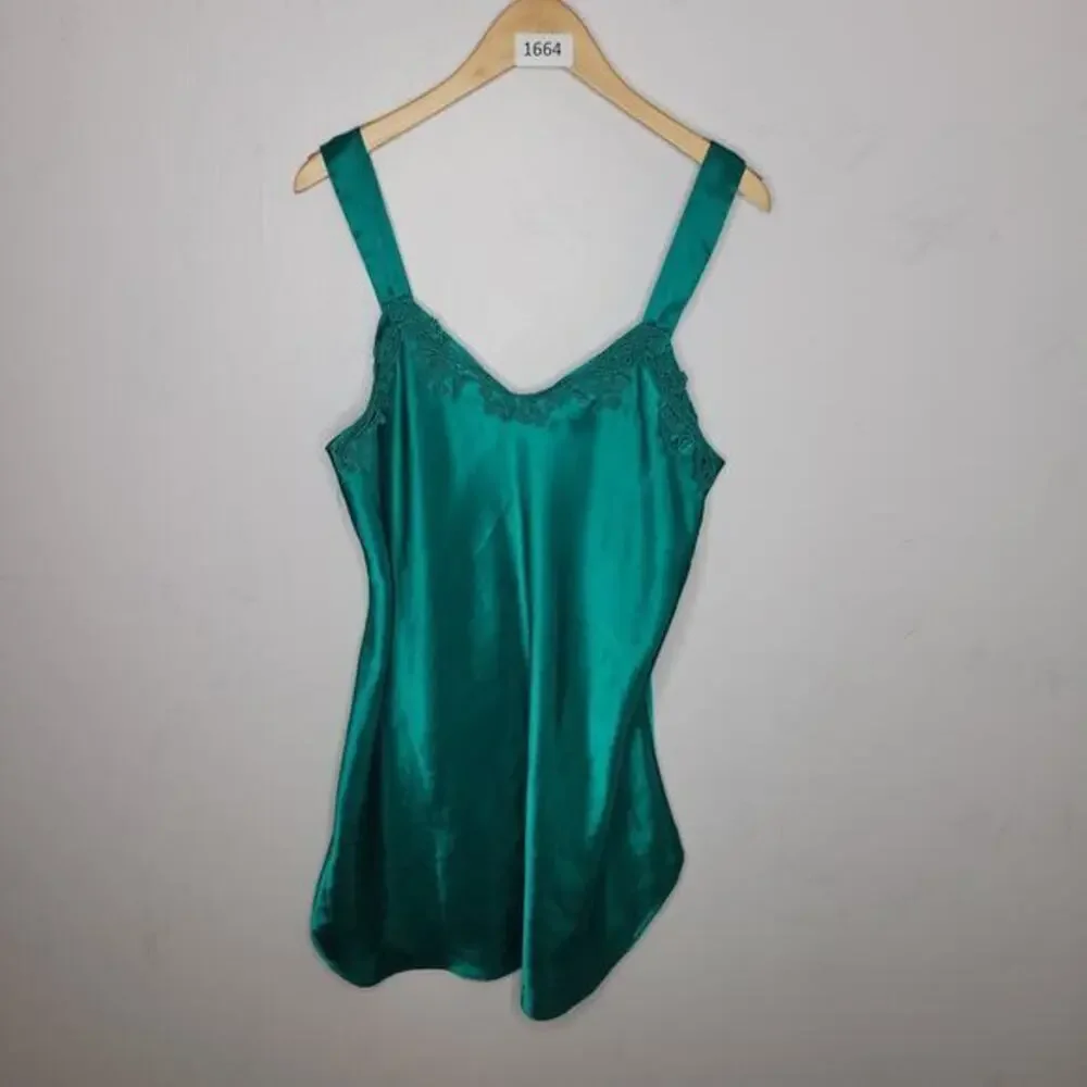 Vintage‎ Satin Lace Trim Nightgown Camisole Top Emerald Green L